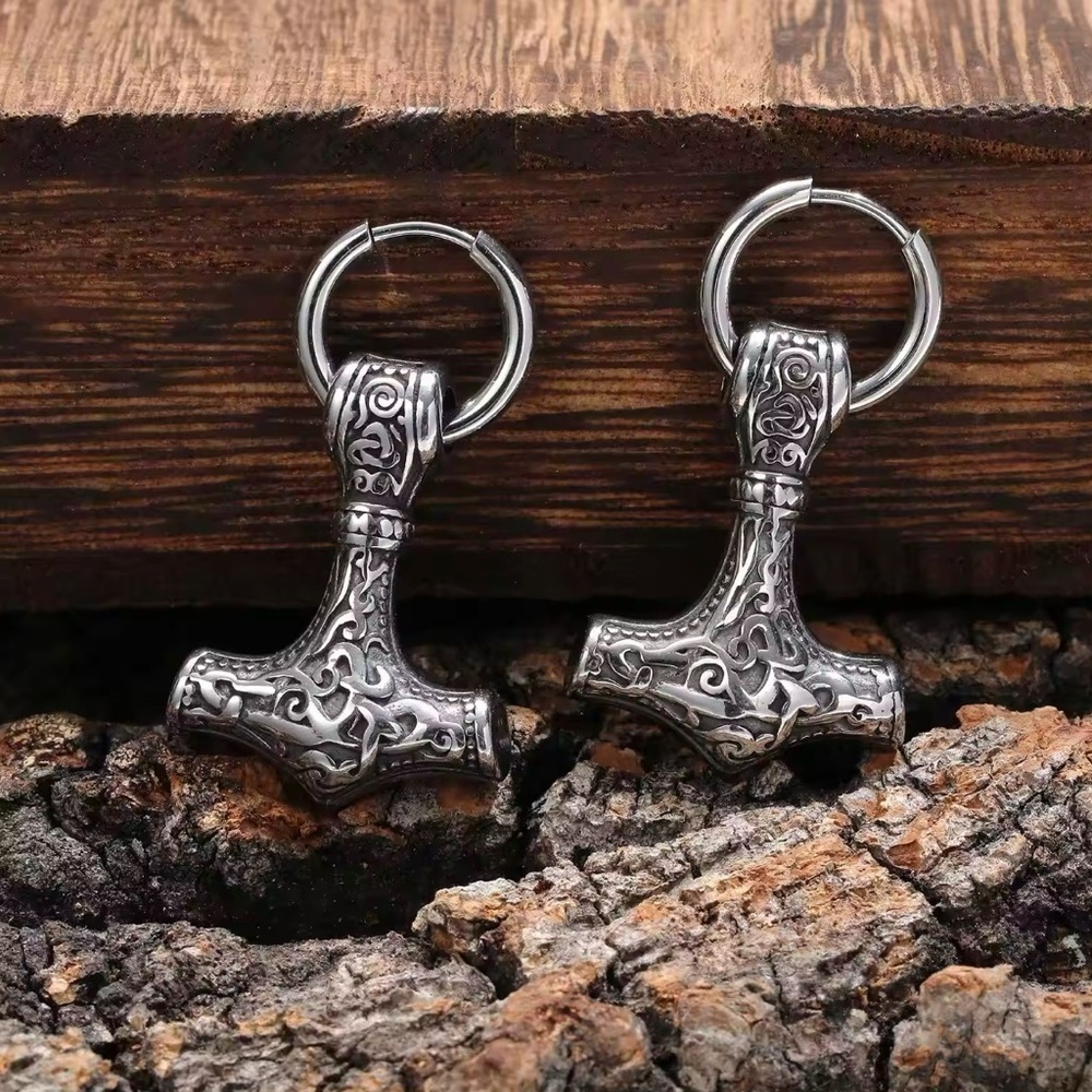 18K White Gold Mjolnir Thor’s Hammer Viking Celtic Runes Unisex Hoop Earrings